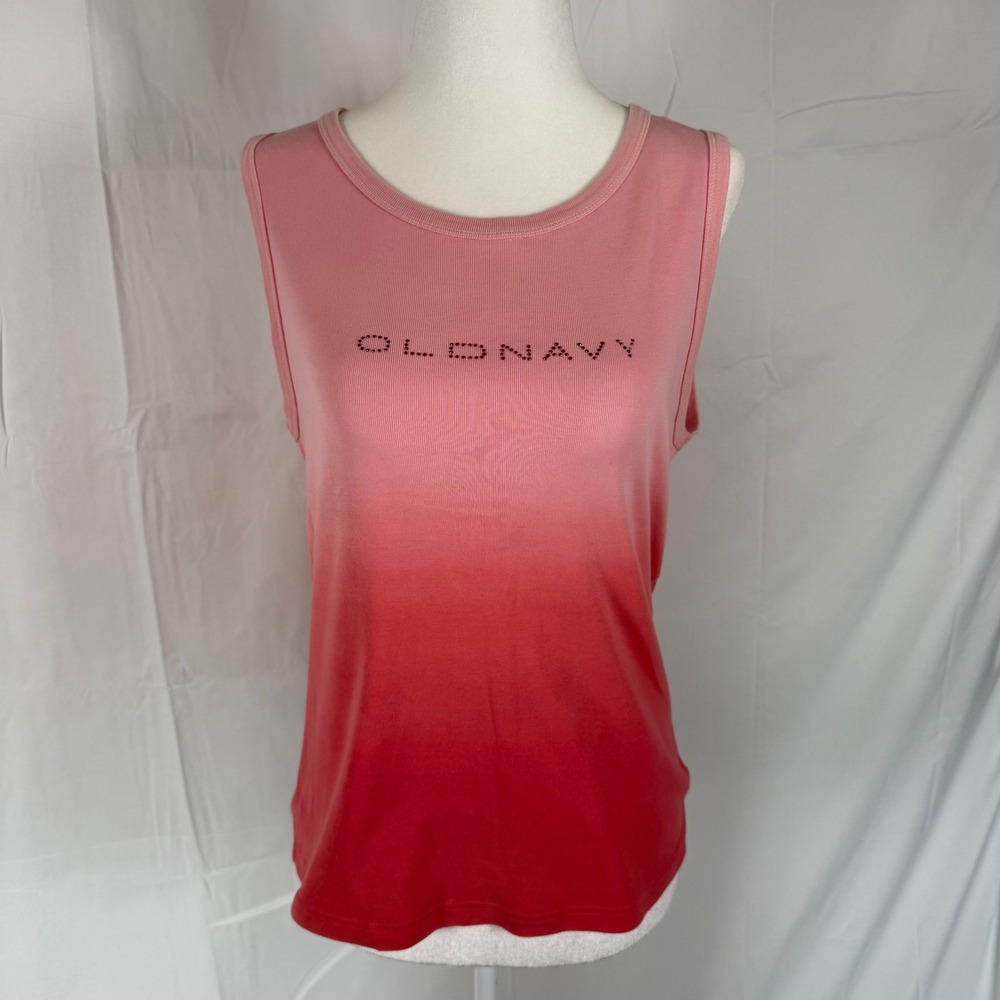 Old Navy Pink Red Ombre Rhinestone Logo Muscle Tank Top Large Cotton Ribbed